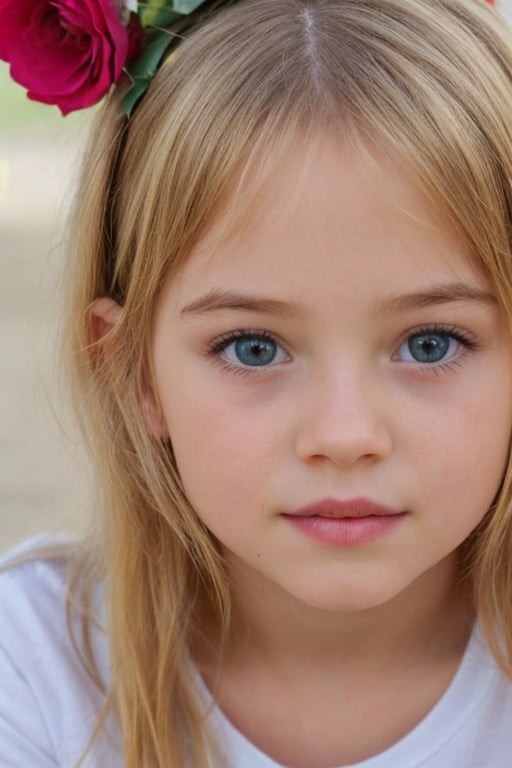 realistic, 5yo, woman,face, flowers in hair, t shirt, 1girl,blonde hair,cute,beautiful face,
