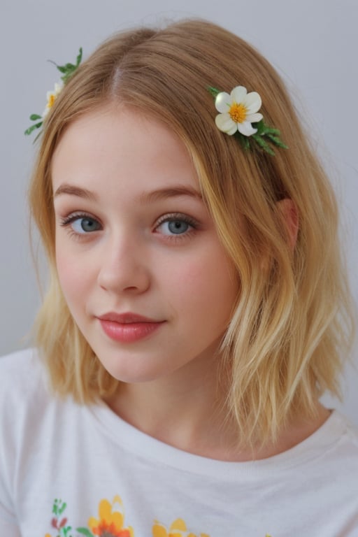 realistic, 5yo, woman,face, flowers in hair, t shirt, 1girl,blonde hair,cute,beautiful face,
