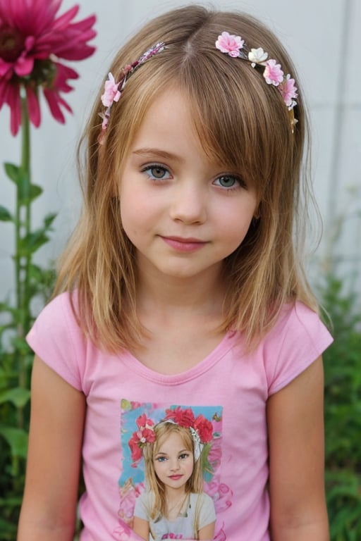 realistic, 5yo, woman,face, flowers in hair, t shirt, 1girl,blonde hair,cute,beautiful face,