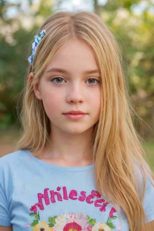 realistic, 5yo, woman,face, flowers in hair, t shirt, 1girl,blonde hair,cute,beautiful face,