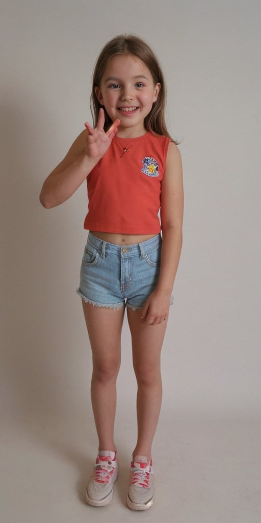 A 7-year-old girl stands proudly against a crisp white background, her bright eyes shining with wonder. The full-body shot frames her petite figure, contrasting her vibrant features against the uniform texture. Soft lighting accentuates her youthful energy. She's posed naturally, as if caught in a moment of excitement. Capture the scene with a smartphone camera, emphasizing the sense of spontaneity and playfulness.