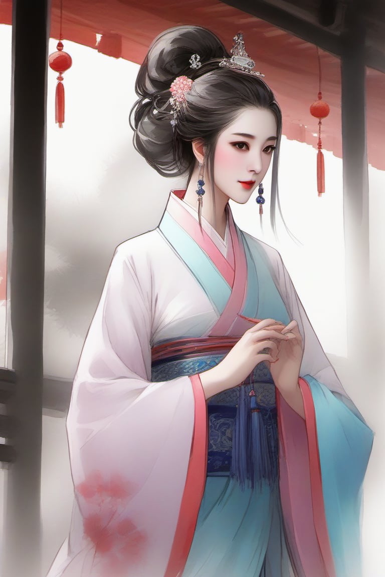 Chinese ancient costumes, beauties, ancient buildings, pavilions, exquisite faces, beautiful eyes, colorful colors, ink painting style, style, long hair,wear riskirt, DonMM1y4XL, boa_hancock