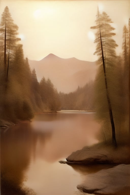 A sepia-toned painting of a mountain lake with a small boat in the middle of the lake. The lake is surrounded by large rocks and trees. The sky above the lake is a light beige color.
