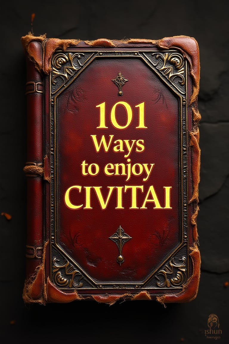 An ancient dusty torn leather covered book, carefully decorated, with magical glowing golden writing on the cover that says 101 Ways to enjoy CIVITAI