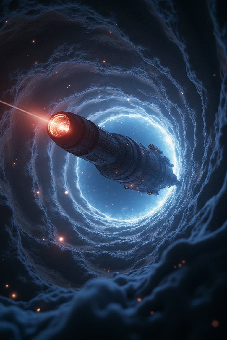 ultrarealistic space battleship entering a twister worm hole,realistc swirlingstars