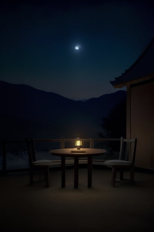 CNZQyuebing, midautumn, no humans, moon, night, scenery, tree, sky, star (sky), full moon, night sky, window, table, starry sky, east asian architecture, teapot, food, architecture, indoors, mountain
