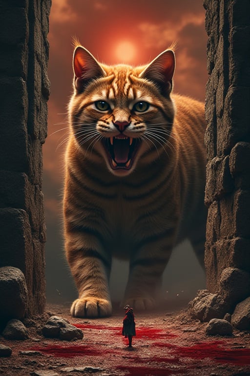 A horror movie cover of Here kitty kitty! written in bloody letters. The ancient megalithic gates have opened, from the fiery realms a megalithic beast lurks ready to burst trough, it is a giant mega cat, it looks playfull but dangerously big, like its about to prawl and crush the tiny antlike human with its paw,