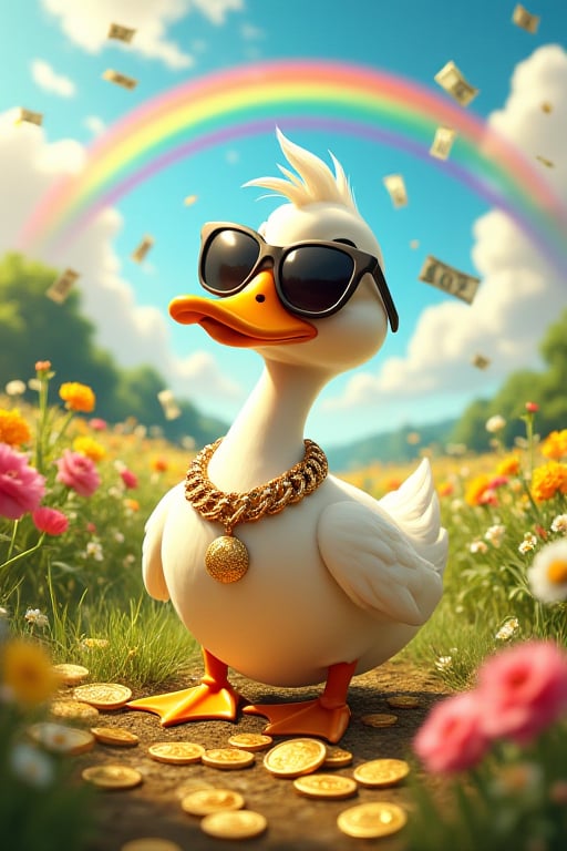 best quality, reality-shot, realism, realistic portrait photography of cartoon-style scene of a fabulously wealthy duck, vibrant field filled with fluttering dollar bills, wearing a lavish bling-bling gold chain, sunglasses, looking relaxed. Oversized coins, colorful flowers swaying in the breeze. Bright, sunny, with a rainbow arching overhead, adding to the whimsical and extravagant atmosphere of this rich duck's dreamland, lake of golden coins, falls of gold coins instead of water,