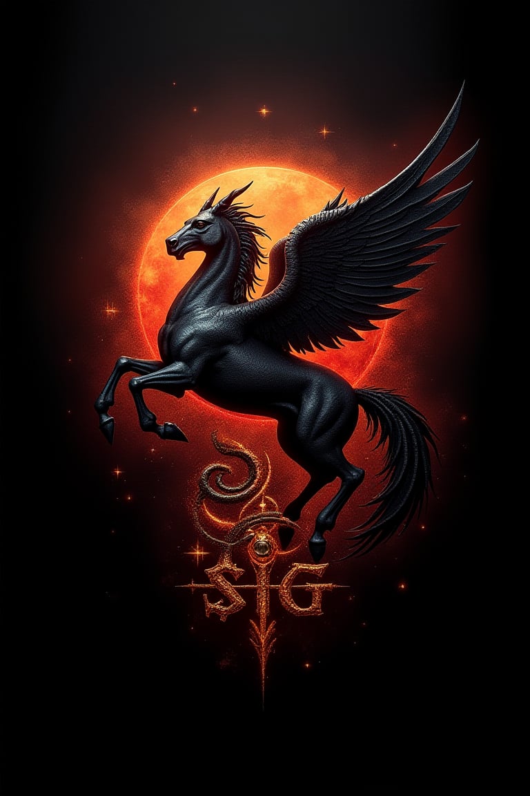 "A dramatic logo set against a rich, solid obsidian background, a black Pegasus, depicting the name \"SLG\" in fiery, metallic script, with serpentine lettering that wraps around a rising sun, echoing ancient mystical symbols, amidst subtle, fiery sparks that radiate an aura of rebellious energy, with deep crimson and golden hues illuminating the dark canvas, imbuing a sense of intense, unbridled power, as if the logo is about to leap off the backdrop"