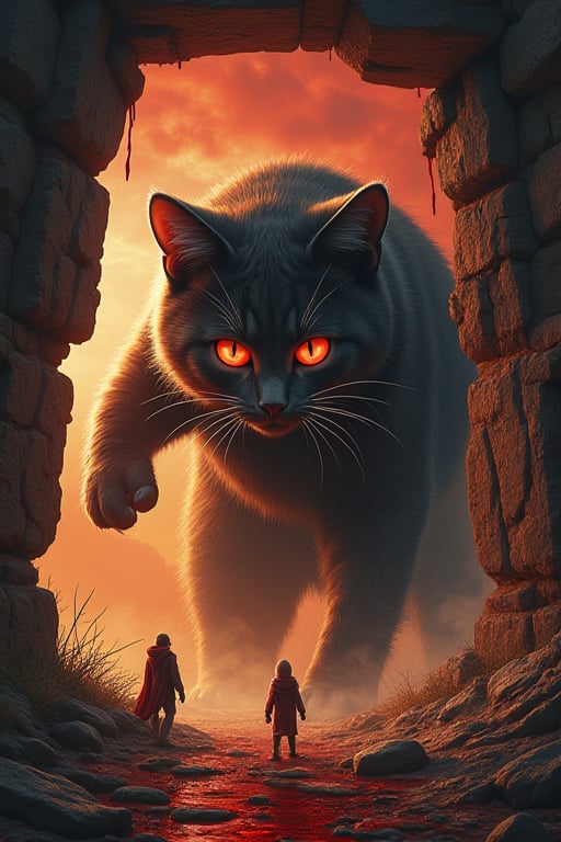 A horror movie cover of Here kitty kitty! written in bloody letters. The ancient megalithic gates have opened, from the fiery realms a megalithic beast lurks ready to burst trough, it is a giant mega cat, it looks playfull but dangerously big, like its about to prawl and crush the tiny antlike human with its paw,