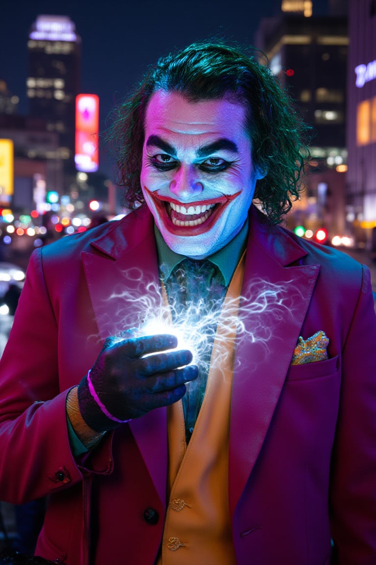 score_9, score_8_up, score_7_up,Medium shot of the Joker's maniacal grin, gleaming with mischievous intent as he cradles a radiant, iridescent potion in his gloved hand against the neon-drenched cityscape. The potion's luminescent tendrils swirl across his fingers, casting an ethereal glow on his face. Vibrant colors and sharp contrasts dominate the scene, capturing the Joker's mesmerizing intensity amidst the urban fantasy landscape of towering skyscrapers and pulsing streetlights.