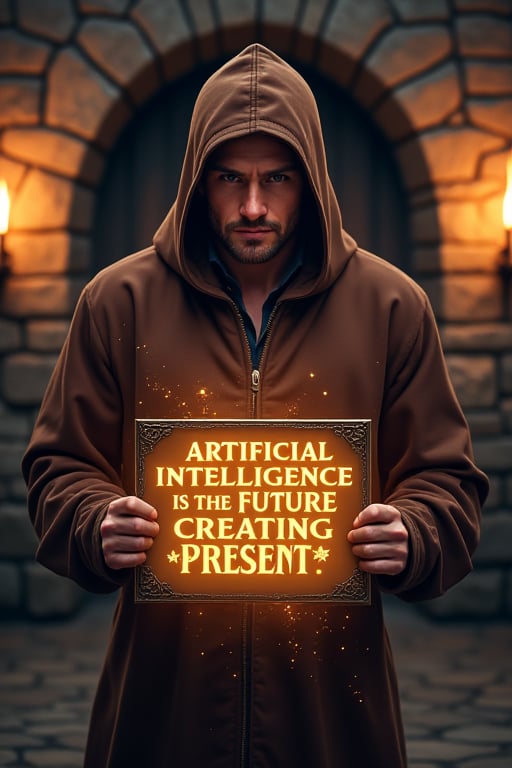 best quality, reality-shot, realism, realistic portrait photography of cartoon-style scene of illustration, score_4_up, score_9, score_8_up, score_7_up, score_6_up, 7_up, score_6_up, Comic.
"A mysterious man in a medieval setting, wearing a dark brown hooded cloak, stands in a dimly lit stone room. The room is illuminated by flickering torches on the walls. The man holds a glowing sign in front of his chest that reads "Artificial Intelligence is the Future Creating the Present." in an ancient glowing font. His expression is serious, and magical sparks lightly surround the sign. Stone walls and a door are depicted in the background, evoking a medieval fantasy atmosphere with a sense of mysticism and intrigue."