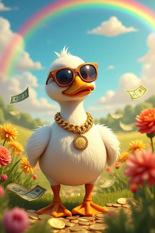 best quality, reality-shot, realism, realistic portrait photography of cartoon-style scene of a fabulously wealthy duck, vibrant field filled with fluttering dollar bills, wearing a lavish bling-bling gold chain, sunglasses, looking relaxed. Oversized coins, colorful flowers swaying in the breeze. Bright, sunny, with a rainbow arching overhead, adding to the whimsical and extravagant atmosphere of this rich duck's dreamland, lake of golden coins, falls of gold coins instead of water,
[style of greg rutkowski,janek sedlar,jenny saville:0]      