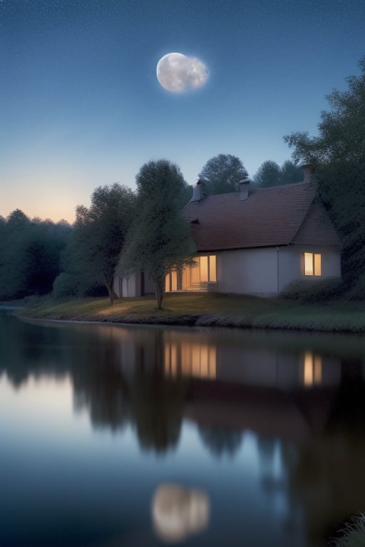 CNZQyuebing, midautumn, no humans, moon, reflection, night, sky, scenery, star (sky), night sky, tree, outdoors, water, starry sky, full moon, reflective water, house, building, bare tree
