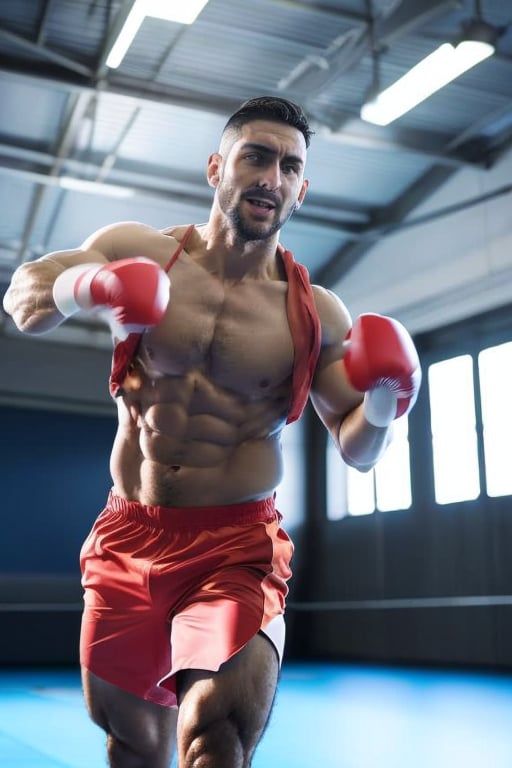 realistic,4k,highly detailed,A sports man with a short hair boxing in a GYM room, sports suit,abs