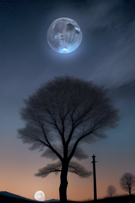 CNZQyuebing, midautumn, moon, no humans, sky, scenery, night, full moon, star (sky), night sky, tree, outdoors, starry sky, traditional media, cloud, cherry blossoms, branch
