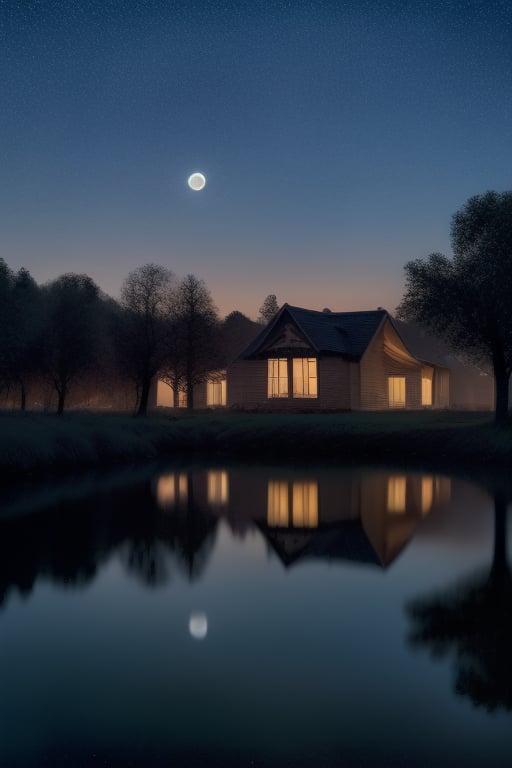 CNZQyuebing, midautumn, no humans, moon, reflection, night, sky, scenery, star (sky), night sky, tree, outdoors, water, starry sky, full moon, reflective water, house, building, bare tree
