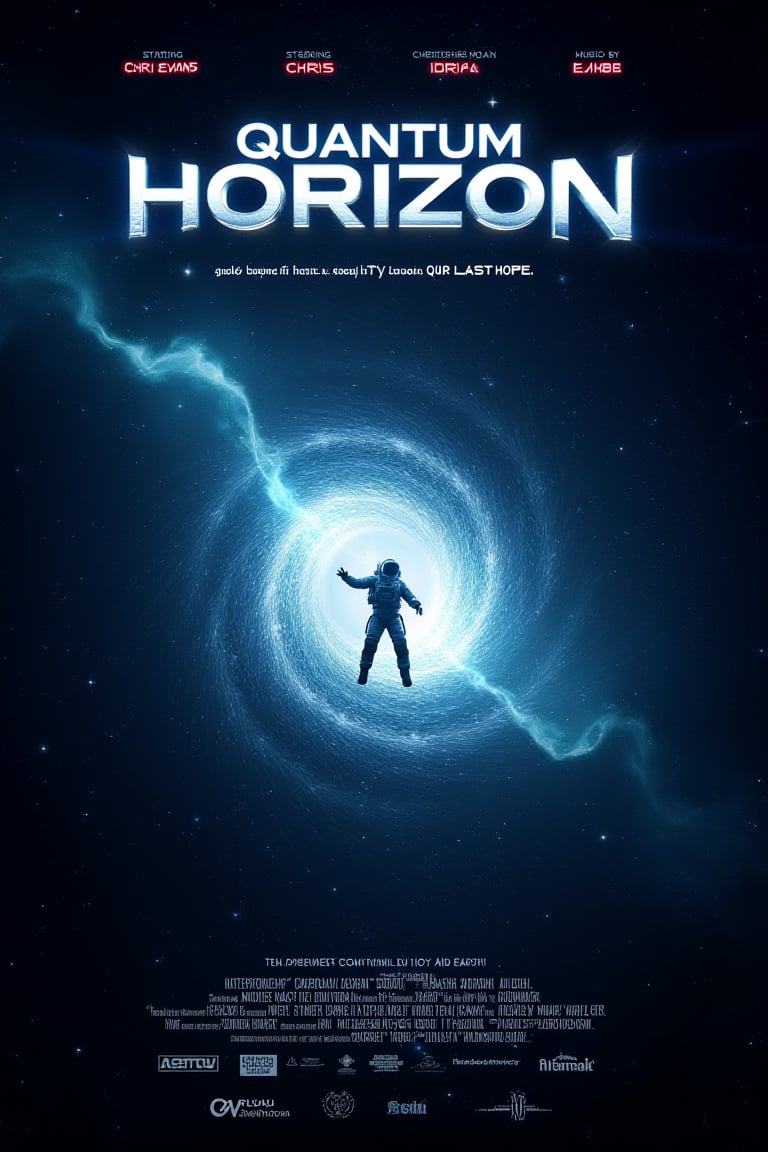 Create a cinematic-style movie poster with the following elements: Title "QUANTUM HORIZON" Font: Futuristic, bold sans-serif Color: Gleaming metallic silver with blue edge glow Placement: Top third of the poster, prominently displayed Tagline "Beyond the edge of reality lies our last hope" Font: Sleek, italicized sans-serif Color: Bright white Placement: Centered below the title Imagery Main focus: A astronaut floating in space, reaching towards a swirling quantum portal Background: Deep space with distant galaxies and nebulae Credits Font: Clean, modern sans-serif Color: White Placement: Bottom of the poster Text: "Starring CHRIS EVANS ZENDAYA IDRIS ELBA Directed by CHRISTOPHER NOLAN Music by HANS ZIMMER" Additional Text Elements "COMING SOON" in bold red letters at the top "EXPERIENCE IT IN IMAX" near the bottom in sleek blue font Production company logos in white at the very bottom Style and Composition High contrast between the dark space background and bright text Text should interact with the imagery, such as having the astronaut appear to be reaching for the title Use lens flares and light streaks to enhance the sci-fi feel and integrate text with the image Overall Vibe Create a sense of epic scale, mystery, and cutting-edge science fiction that draws the viewer in and promises a mind-bending cinematic experience.