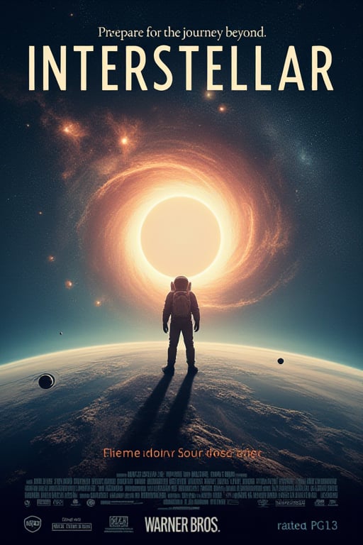 A poster with the theme of "Interstellar" as a promotional movie posters. The overall style of the poster is double exposure style. 
The background of the poster is a panoramic view of Earth, subtly blurred through a cosmic nebula. 
The poster's top center reads "Interstellar", which is the main title of the poster and uses bold sans-serif font. A stylized glowing wormhole appears as an overexposed element partly  blending with “Interstellar”.  

Underneath "Interstellar", located in the bottom third, a smaller subtitle reads "Prepare for the journey beyond.", this utilizes a cursive handype writer font which gives a vintage yet ethereal feel. 70% of its opacity is hidden behind a nebula-like background texture.. It also appears "rated PG13" using a thin retro typeface, and right of it in a clear sans-serif “Limited Release: (Insert Date)”.

On the left side of the poster ,near bottom "in Theaters",(clear text) surrounded by stars subtly appearing as white circles that overlap with parts the planet earth background. On  the right side in small font we see  “Warner Bros.” next to this “www…(studio Web Address).” a clear contrasting font style to the other text

In the center of the poster, partially embedded within nebulas and over/under the Earth background elements has one astronaut standing with a backpack as outlined silhouettes in black . In stark white outlines, we have small planets forming rings of celestial objects  (Saturn-like).