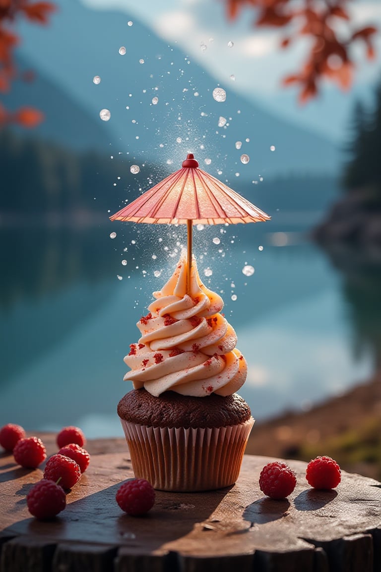 cupcake, with different fillings, standing on a table, on the shore of a lake, beautiful landscape, fruits lying around, an umbrella covering the table, dispersion effect, icy energy, light aura, fragments dispersing, radiating cold, glowing, luminous, ice-like texture, cryokinesis