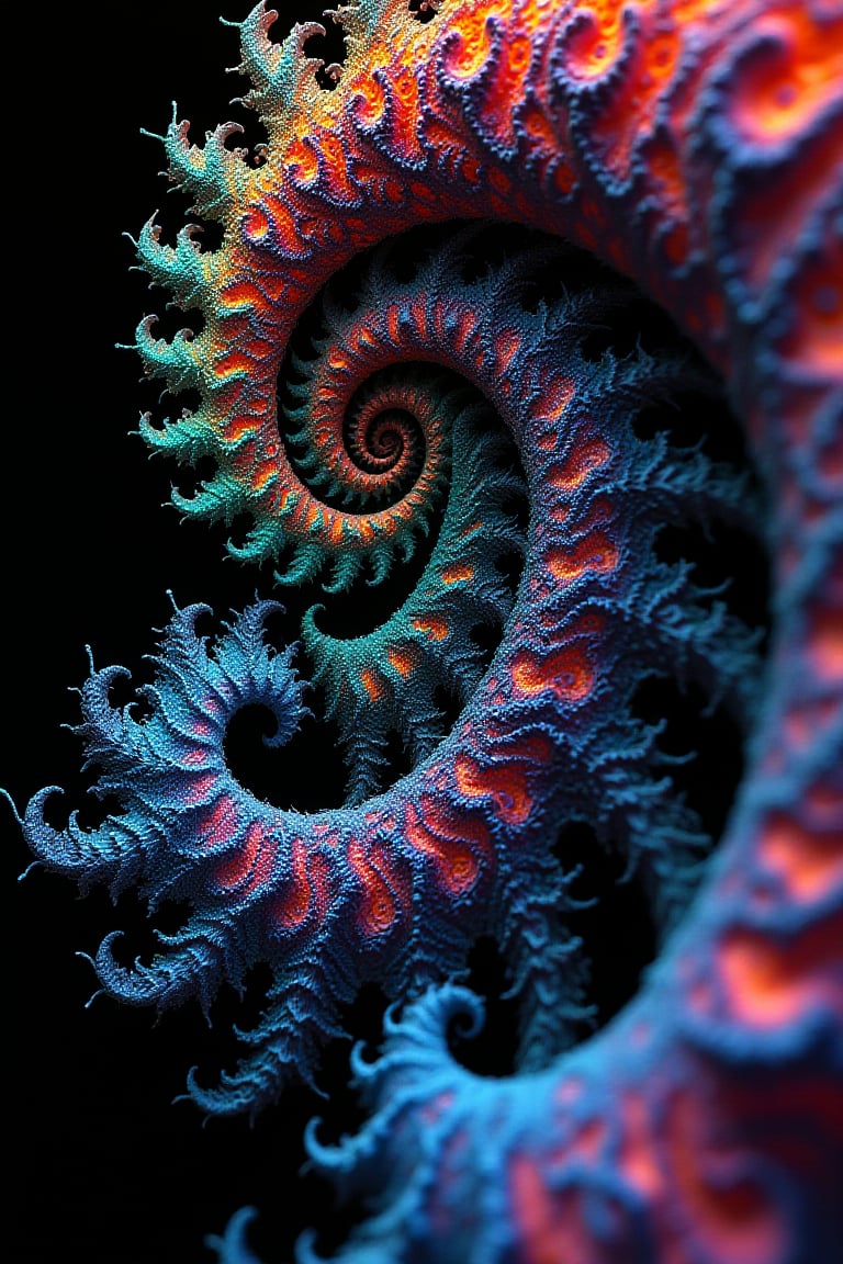 Close-up shot of a Mandelbrot fractal's edge, where swirling tendrils and spirals converge. Framed by inky blacks, vibrant colors like electric blue, neon green, and fiery red burst forth, showcasing intricate details with sharp contrasts. The gradient transitions smoothly, revealing infinite complexity. As the eye descends, repeating patterns cascade toward the center, evoking a sense of endless depth. Against a dark background, the fractal's kaleidoscope of colors shines with intense vividness.