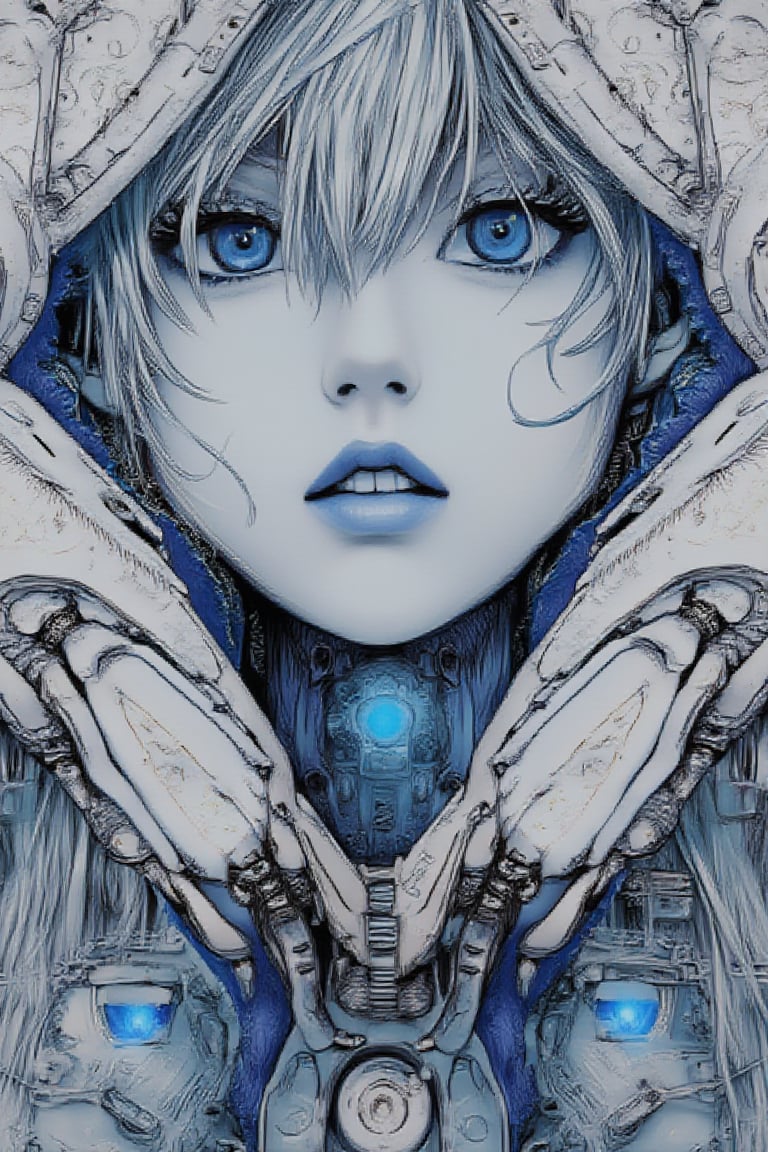 CyberX, 1girl, solo, android, science fiction, lips, portrait, blue eyes, monochrome, eyelashes, mechanical parts, robot joints, looking at viewer, cyberpunk, cable

