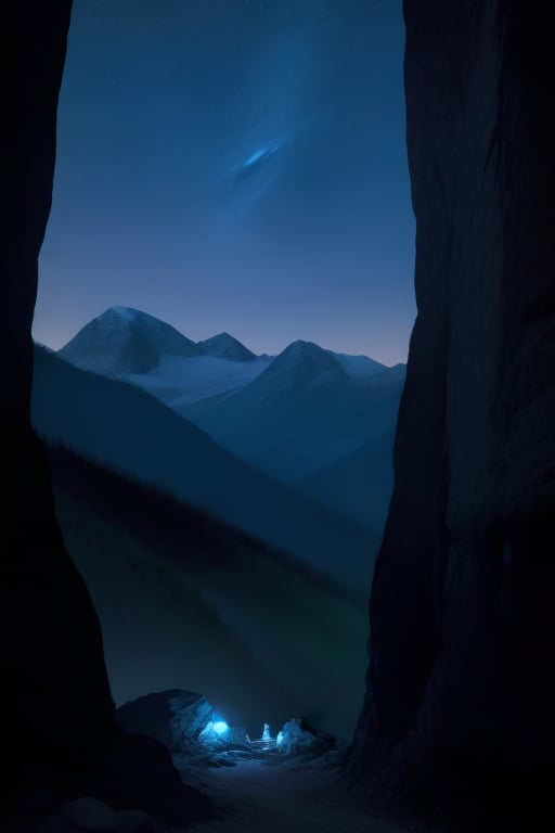 NemoSpark, no humans, night, outdoors, sky, scenery, glowing, rock, night sky, mountain, cave
