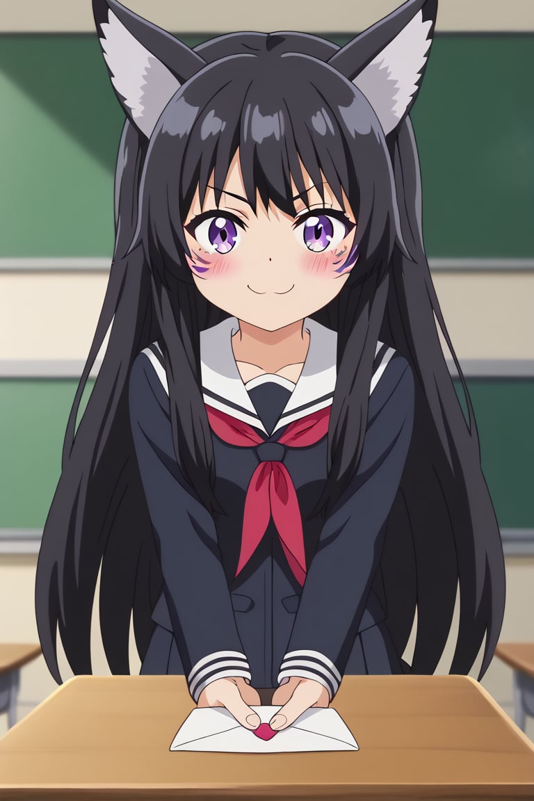 delta, wolf ears, black hair, long hair, facial mark, tail,Anime screencap, Anime coloring, solo,Loli, full_body, smile, black school_uniform, classroom, looks at view, absurd_res, best quality, cute, shy, blushing, dog eyes, detailed, beatiful eyes, portrait, holding letter, love letter, loving face, one_eye_closed,