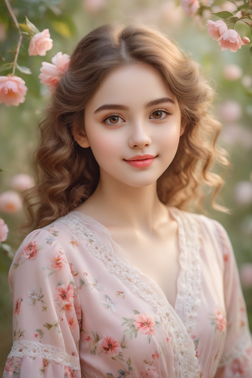 (highres,masterpiece:1.2),realistic portrait,girl with big round eyes,tiny nose and rosy lips,adorable facial expression,pale complexion,long eyelashes and thick eyebrows,soft curly hair,flowy dress with floral patterns,playful and innocent smile,beautiful natural light,soft pastel colors,vibrant background of blooming flowers,sweet and warm atmosphere,close-up shot to capture all the intricate details,happy and carefree mood,perfect balance between innocence and maturity,artistic oil painting style,delicate brushstrokes,impeccable attention to detail,emotive and lifelike portrayal,classic and timeless aesthetic.