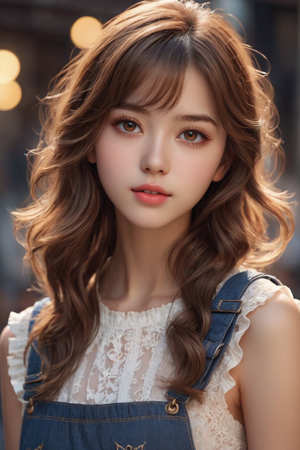 Hires, sunlight, backlight, ((Cinematic Light, Ray tracing)), (masterpiece),((ultra-detailed)), (highly detailed CG illustration), (best quality:1.3),(1girl:1.2),High quality texture, intricate details, detailed texture, High quality shadow, a realistic representation of the face, Detailed beautiful delicate face, Detailed beautiful delicate eyes, brown eye pupil, a face of perfect proportion, Depth of field, perspective,20s, glossy lips, perfect body, medium breast, distinct_image, solo focus, (brown hair), (((perma straight hair style))), (finely detailed beautiful eyes and detailed face), light source contrast, ((medium hair)), 21 years old, at night, standing, global adventures, cultural experiences, breathtaking destinations, local customs, immersive travel, sightseeing, ultra sharp image, idol style, cute clothing, bright colors, playful patterns, ruffled skirts, knee-high socks, kawaii accessories, youthful designs