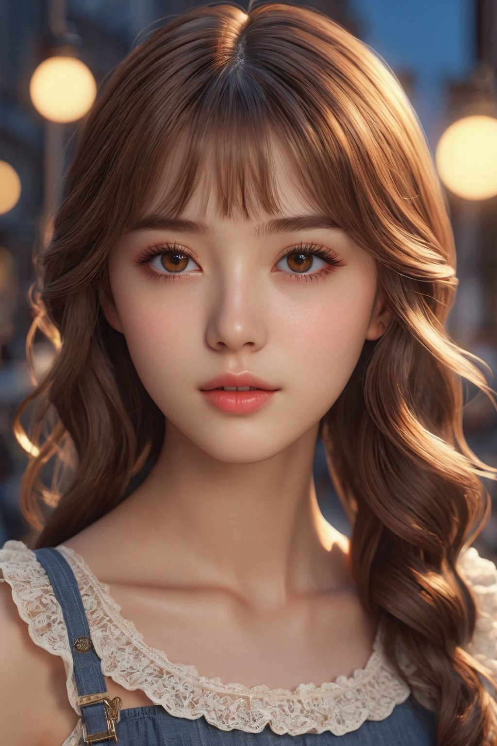 Hires, sunlight, backlight, ((Cinematic Light, Ray tracing)), (masterpiece),((ultra-detailed)), (highly detailed CG illustration), (best quality:1.3),(1girl:1.2),High quality texture, intricate details, detailed texture, High quality shadow, a realistic representation of the face, Detailed beautiful delicate face, Detailed beautiful delicate eyes, brown eye pupil, a face of perfect proportion, Depth of field, perspective,20s, glossy lips, perfect body, medium breast, distinct_image, solo focus, (brown hair), (((perma straight hair style))), (finely detailed beautiful eyes and detailed face), light source contrast, ((medium hair)), 21 years old, at night, standing, global adventures, cultural experiences, breathtaking destinations, local customs, immersive travel, sightseeing, ultra sharp image, idol style, cute clothing, bright colors, playful patterns, ruffled skirts, knee-high socks, kawaii accessories, youthful designs