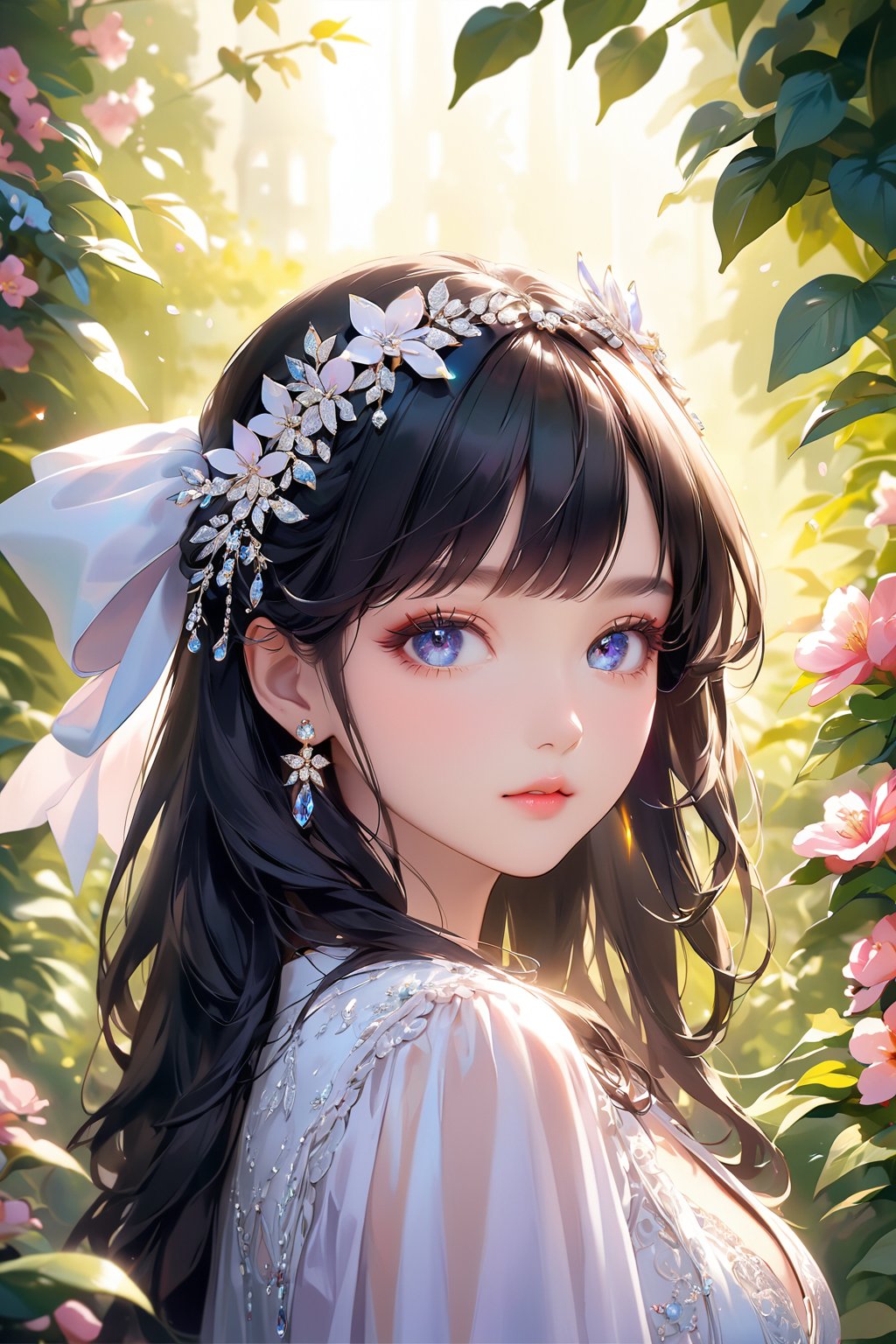 A stunning portrait of a lovely girl with luscious black hair adorned with a bow on her head. Her beautiful, detailed eyes sparkle like diamonds, framed by long eyelashes and soft facial features that exude innocence. Vibrant colors and pleasant lighting bring out the best in this picturesque scene, set against a lush flower garden background. The artistic rendering is exquisite,Ye11owst0ne