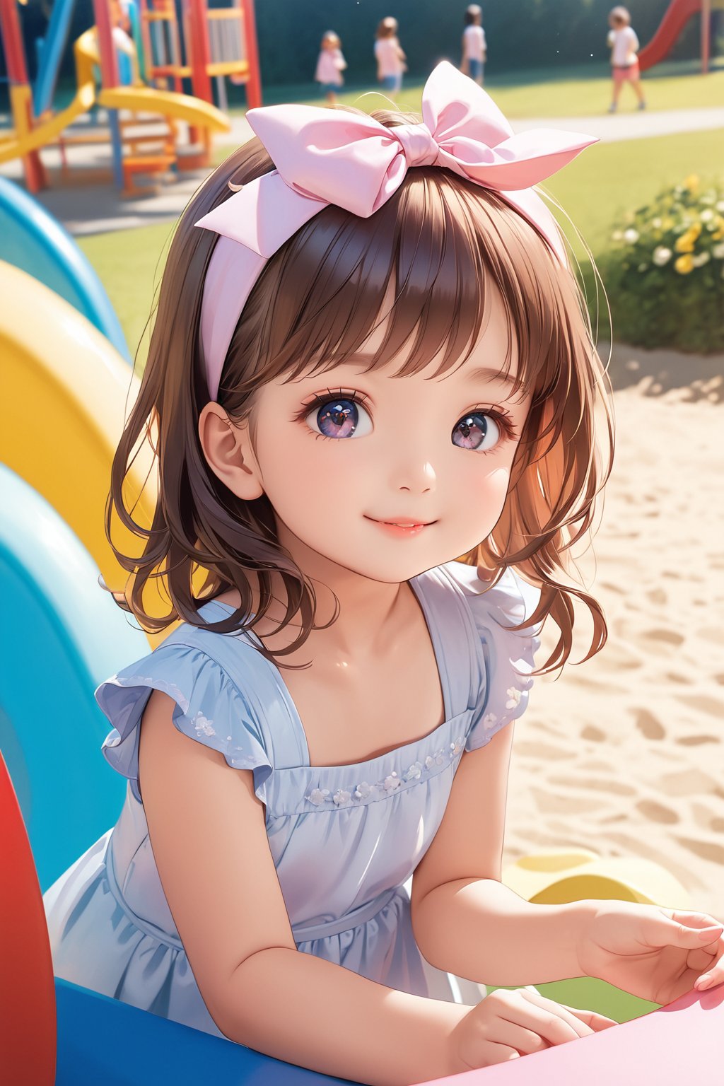 (best quality, highres), long brown hair,bow on head,girl,beautiful detailed eyes,beautiful detailed lips,long eyelashes,soft facial features, cute smile, looking at, a colorful playground with children playing, happiness, smiling, vibrant colors,pleasant lighting,artistic rendering,(The cutest girl in the world:1.5),