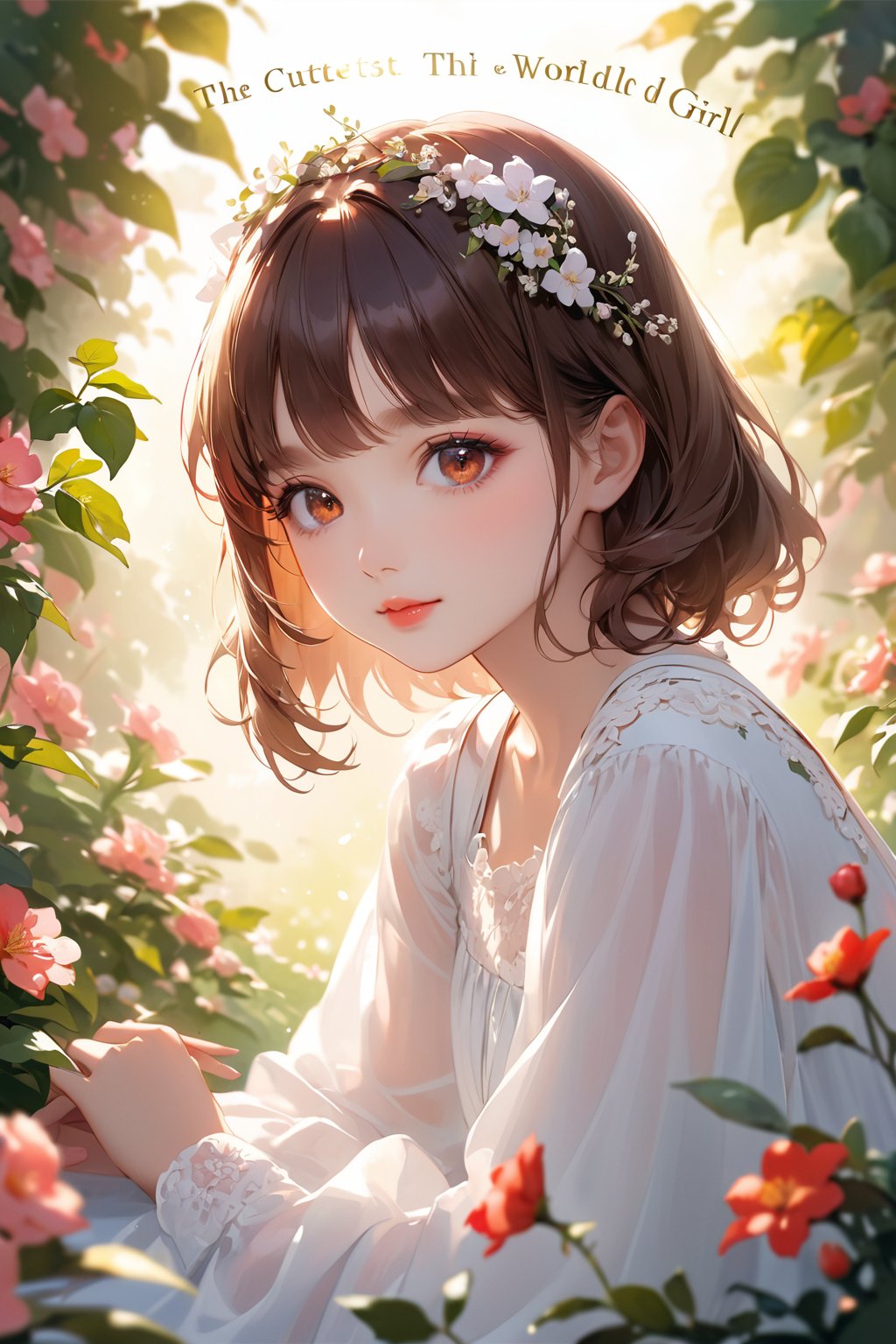 In a lush flower garden with vibrant colors and pleasant lighting, a beautiful young girl sits delicately amidst blooming petals. Her brown hair is adorned with a bow on her head, framing her striking facial features. Soft and detailed eyes shine bright, complemented by long eyelashes that add to her charm. Her lips are painted red, inviting the viewer's gaze. The soft focus background blooms in harmony with the subject's gentle pose, as decorative text TA' and 1st Anniversary hover above, accompanied by the title (The cutest girl in the world: 1.5).