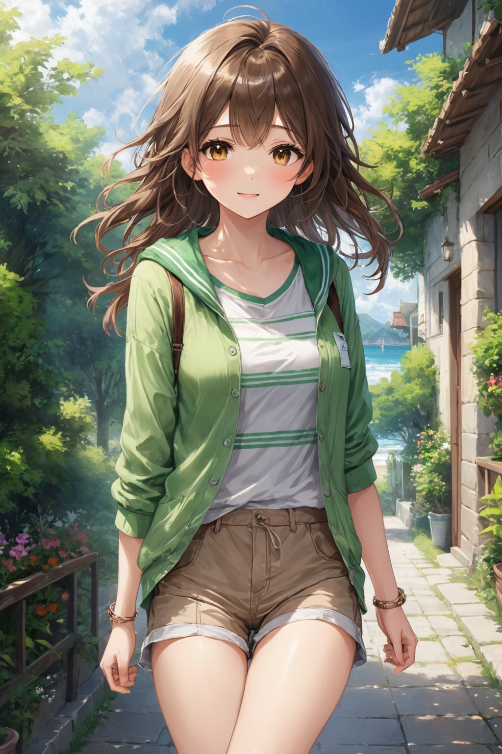 Girl 1, ultra high definition, wind blowing hair, brown eyes, brown hair, delicate facial features, eye smile, {{{masterpiece}}}, {{highest quality}}, high resolution, high detail, natural movements everyday life, idol style Outfit, light green horizontal striped collar T-shirt, shoes, shorts, summer cardigan,