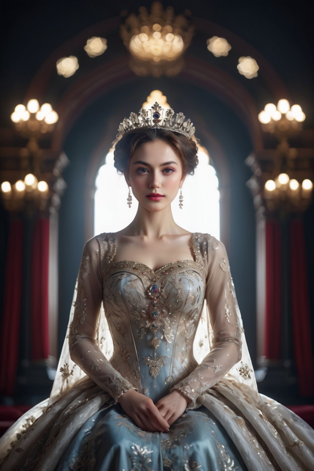 In this breathtaking digital art piece, the enigmatic queen sits majestically, her gaze piercing through the camera lens. Her elaborate dress, adorned with delicate patterns and traditional designs, shimmers in the soft diffuse backlighting, emphasizing the intricate details. The 30-megapixel image showcases exquisite sharpness, with the Canon EOS 5D Mark IV DSLR's 85mm lens capturing the queen's timeless beauty. The long exposure at f/2 and ISO 100 creates a dreamy atmosphere, while the shutter speed of 1/125 freezes the moment. The queen's face is perfectly symmetrical, set against a smooth, ultra-high definition background, rendered with raytracing and global illumination in Unreal Engine 5.