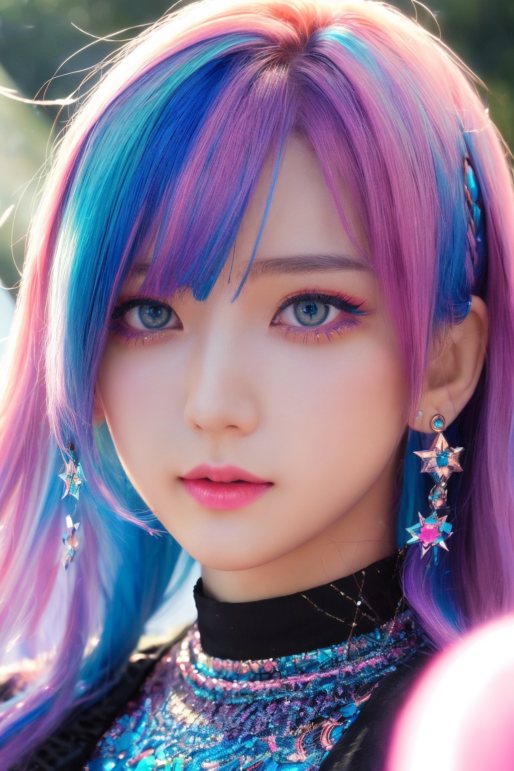 16K, HDR, masterpiece, a girl, (((colorful hair, gymnass outfit))). Half-length , anime style illustration with hyper-realistic details, symmetrical face, provocative eyes and soft smile. Enhanced cinematic lighting, lens flare and bokeh effects..,High detailed, dynamic angle, special effect, ,JeeSoo 