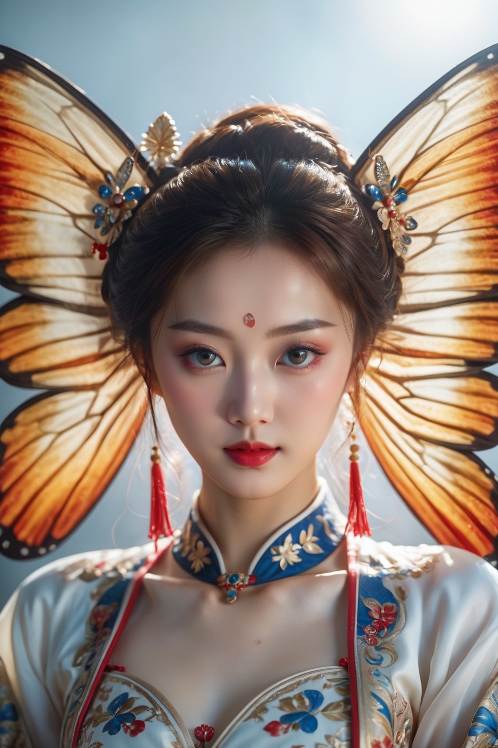 score_9, score_8_up, score_7_up, score_6_up, score_5_up, score_4_up, An ultra detailed, realistic, digital art, featuring Chinese Kingdom Culture: Provide a glimpse into the enigmatic world of a queen, featuring their elaborate dress, timeless beauty, delicate patterns, and traditional designs. exquisite detail, 30 megapixels, 4k, CanonEOS 5D Mark IV DSLR, 85mm lens, sharp focus, intricate detail, long exposure, f/2, ISO 100, shutter speed 1/125, diffuse backlighting, award-winning photograph, facing camera, looking into camera, monovision, perfect contrast, high sharpness, face symmetry, depth of field, ultra-detailed photography, raytracing, global illumination, smooth, ultra high definition, 8k, unreal engine 5, ultra sharp focus, award-winning photography,Butterfly Style