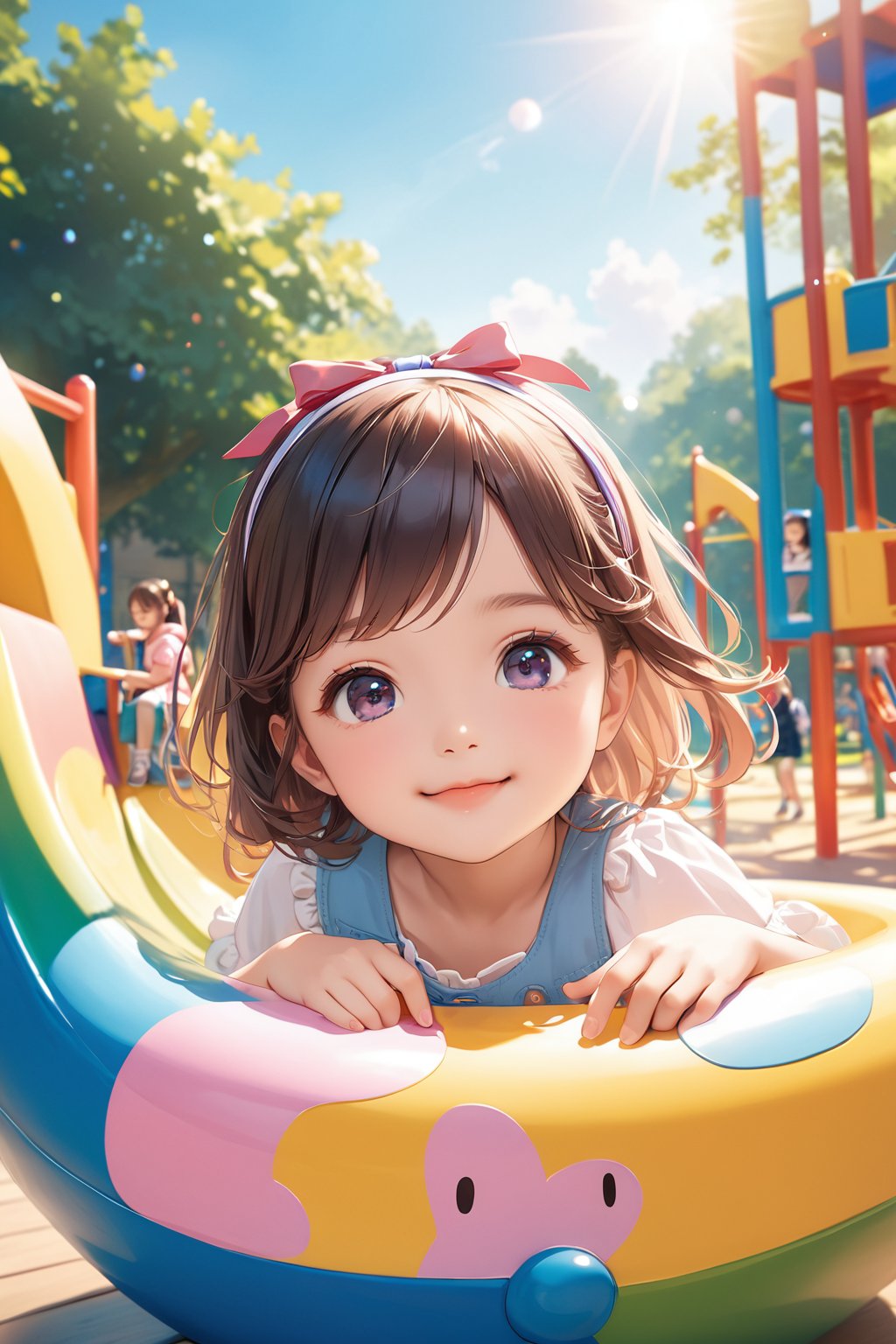 (best quality, highres), long brown hair,bow on head,girl,beautiful detailed eyes,beautiful detailed lips,long eyelashes,soft facial features, cute smile, looking at, a colorful playground with children playing, happiness, smiling, vibrant colors,pleasant lighting,artistic rendering,(The cutest girl in the world:1.5),