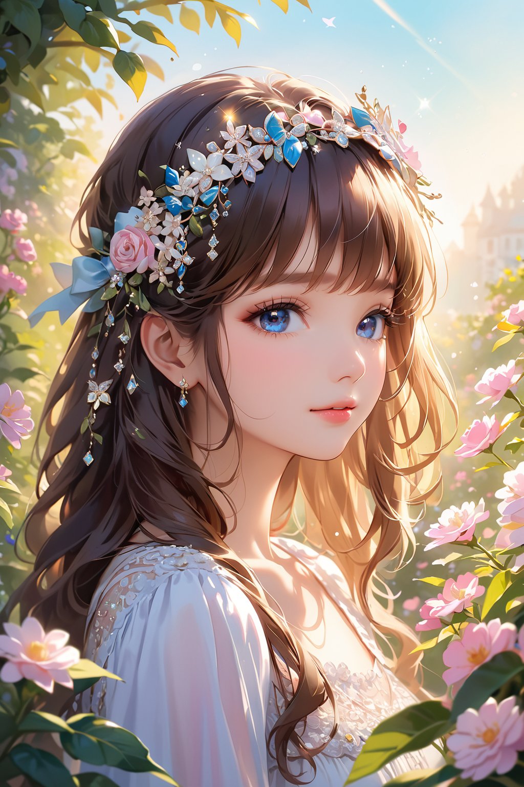 A stunning portrait of a lovely girl with luscious brown hair adorned with a bow on her head. Her beautiful, detailed eyes sparkle like diamonds, framed by long eyelashes and soft facial features that exude innocence. Vibrant colors and pleasant lighting bring out the best in this picturesque scene, set against a lush flower garden background. The artistic rendering is exquisite, with decorative text TA and 1st Anniversary (The cutest girl in the world: 1.5) adding a touch of whimsy to this unforgettable image.