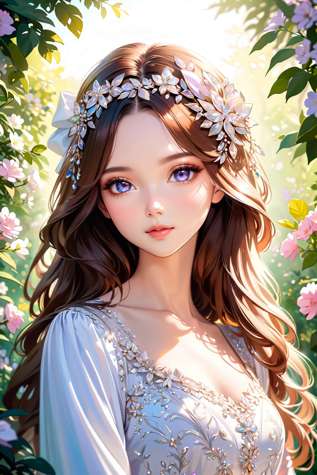 A stunning portrait of a lovely girl with luscious brown hair adorned with a bow on her head. Her beautiful, detailed eyes sparkle like diamonds, framed by long eyelashes and soft facial features that exude innocence. Vibrant colors and pleasant lighting bring out the best in this picturesque scene, set against a lush flower garden background. The artistic rendering is exquisite