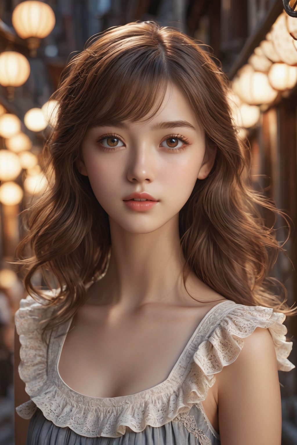 Hires, sunlight, backlight, ((Cinematic Light, Ray tracing)), (masterpiece),((ultra-detailed)), (highly detailed CG illustration), (best quality:1.3),(1girl:1.2),High quality texture, intricate details, detailed texture, High quality shadow, a realistic representation of the face, Detailed beautiful delicate face, Detailed beautiful delicate eyes, brown eye pupil, a face of perfect proportion, Depth of field, perspective,20s, glossy lips, perfect body, medium breast, distinct_image, solo focus, (brown hair), (((perma straight hair style))), (finely detailed beautiful eyes and detailed face), light source contrast, ((medium hair)), 21 years old, at night, standing, global adventures, cultural experiences, breathtaking destinations, local customs, immersive travel, sightseeing, ultra sharp image, idol style, cute clothing, bright colors, playful patterns, ruffled skirts, knee-high socks, kawaii accessories, youthful designs