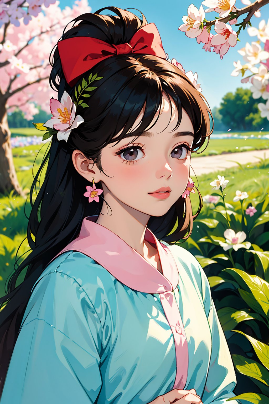 In a lush flower garden with vibrant colors and pleasant lighting, a beautiful young girl sits delicately amidst blooming petals. Her brown hair is adorned with a bow on her head, framing her striking facial features. Soft and detailed eyes shine bright, complemented by long eyelashes that add to her charm. Her lips are painted red, inviting the viewer's gaze. The soft focus background blooms in harmony with the subject's gentle pose,
