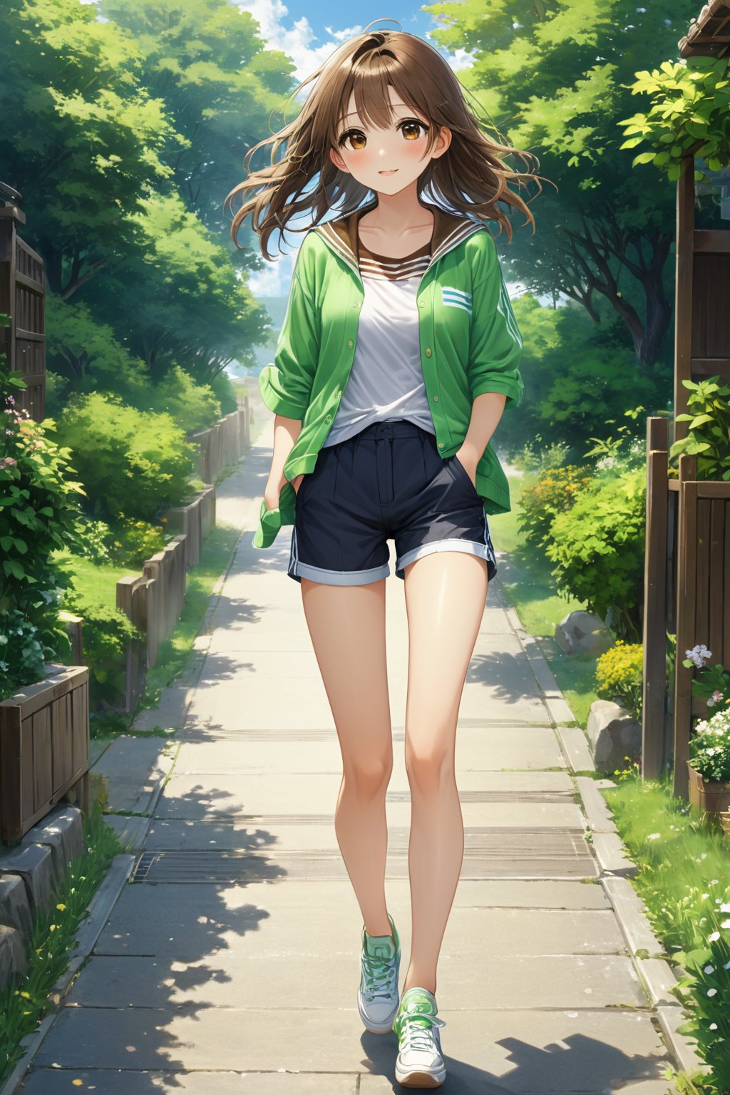 Girl 1, ultra high definition, wind blowing hair, brown eyes, brown hair, delicate facial features, eye smile, {{{masterpiece}}}, {{highest quality}}, high resolution, high detail, natural movements everyday life, idol style Outfit, light green horizontal striped collar T-shirt, shoes, shorts, summer cardigan,