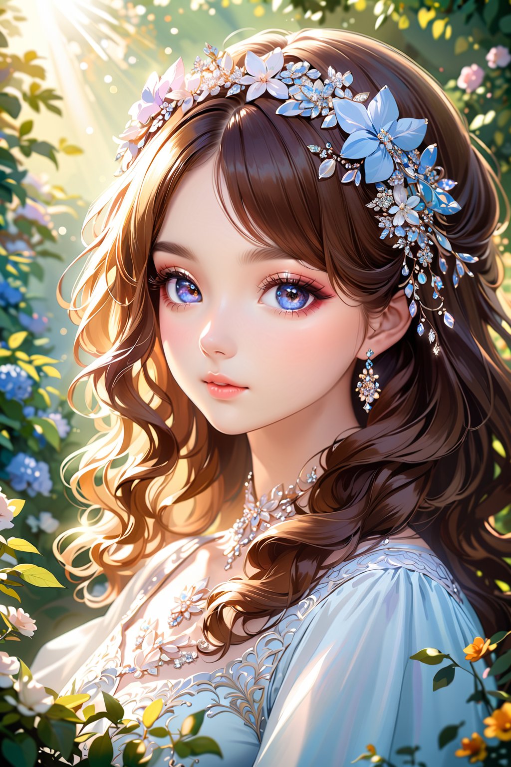 A stunning portrait of a lovely girl with luscious brown hair adorned with a bow on her head. Her beautiful, detailed eyes sparkle like diamonds, framed by long eyelashes and soft facial features that exude innocence. Vibrant colors and pleasant lighting bring out the best in this picturesque scene, set against a lush flower garden background. The artistic rendering is exquisite