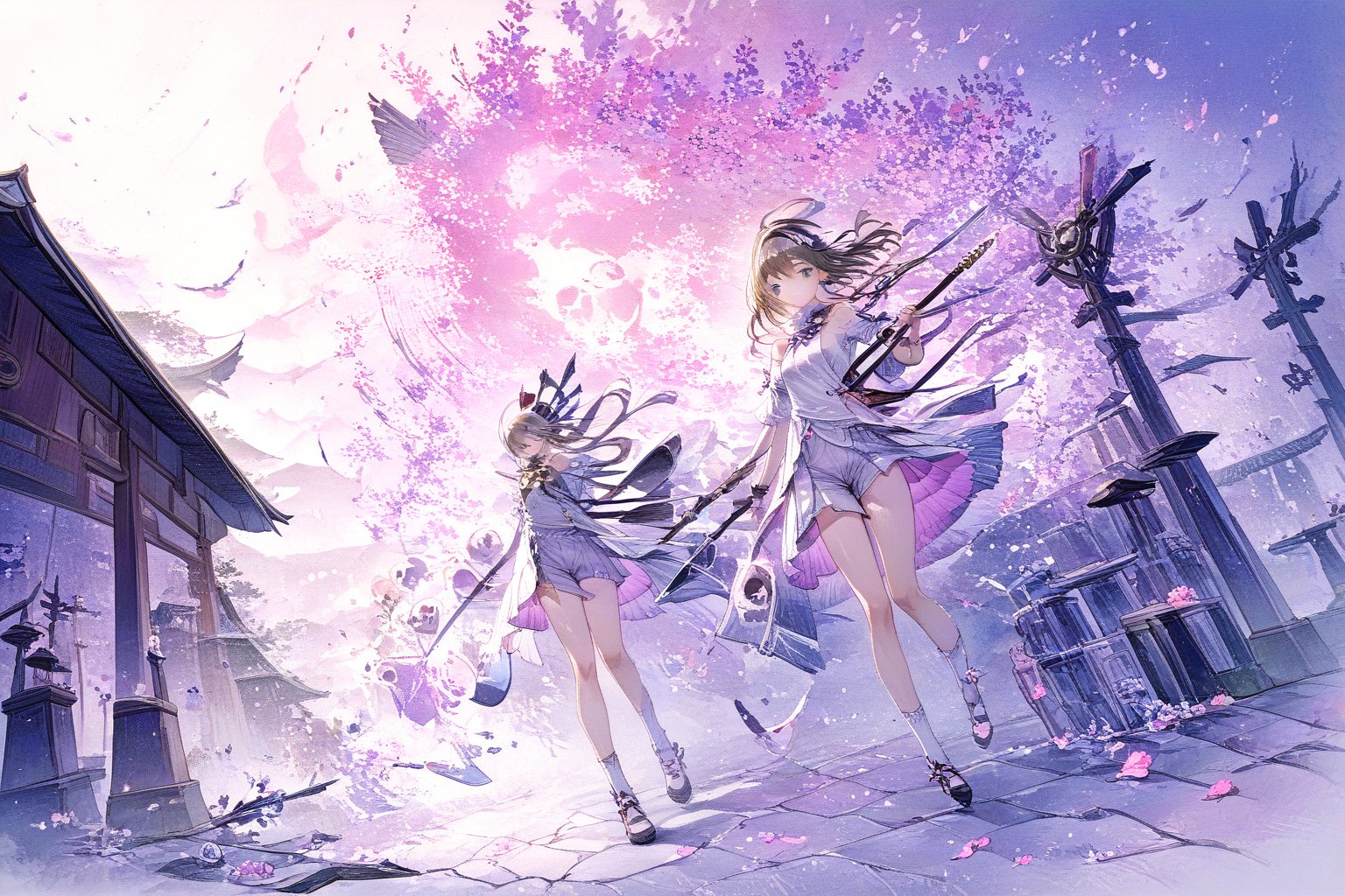 Official Art, Unity 8K Wallpaper, Extreme Detailed, Beautiful and Aesthetic, Masterpiece, Top Quality, perfect anatomy, 

1girl, solo, looking at viewer, blue eyes, brown hair, holding, standing, full body, weapon, shorts, socks, holding weapon, chain, skull, axe, sakura, shrine, nontraditional miko, petals, twlight, hairband, pink theme, 

a beautifully drawn (((ink illustration))) depicting, vintage, PINK and PURPLE accents, watercolor painting, concept art, (best illustration), (best shadow), Analog Color Theme, vivid colours, contrast, smooth, sharp focus, scenery, 

(Pencil_Sketch:1.2,masterpiece, midjourney, best quality, incredibly absurdres, messy lines,high detail eyes,More Detail,perfect light,portrait, ,robin \(honkai: star rail\)