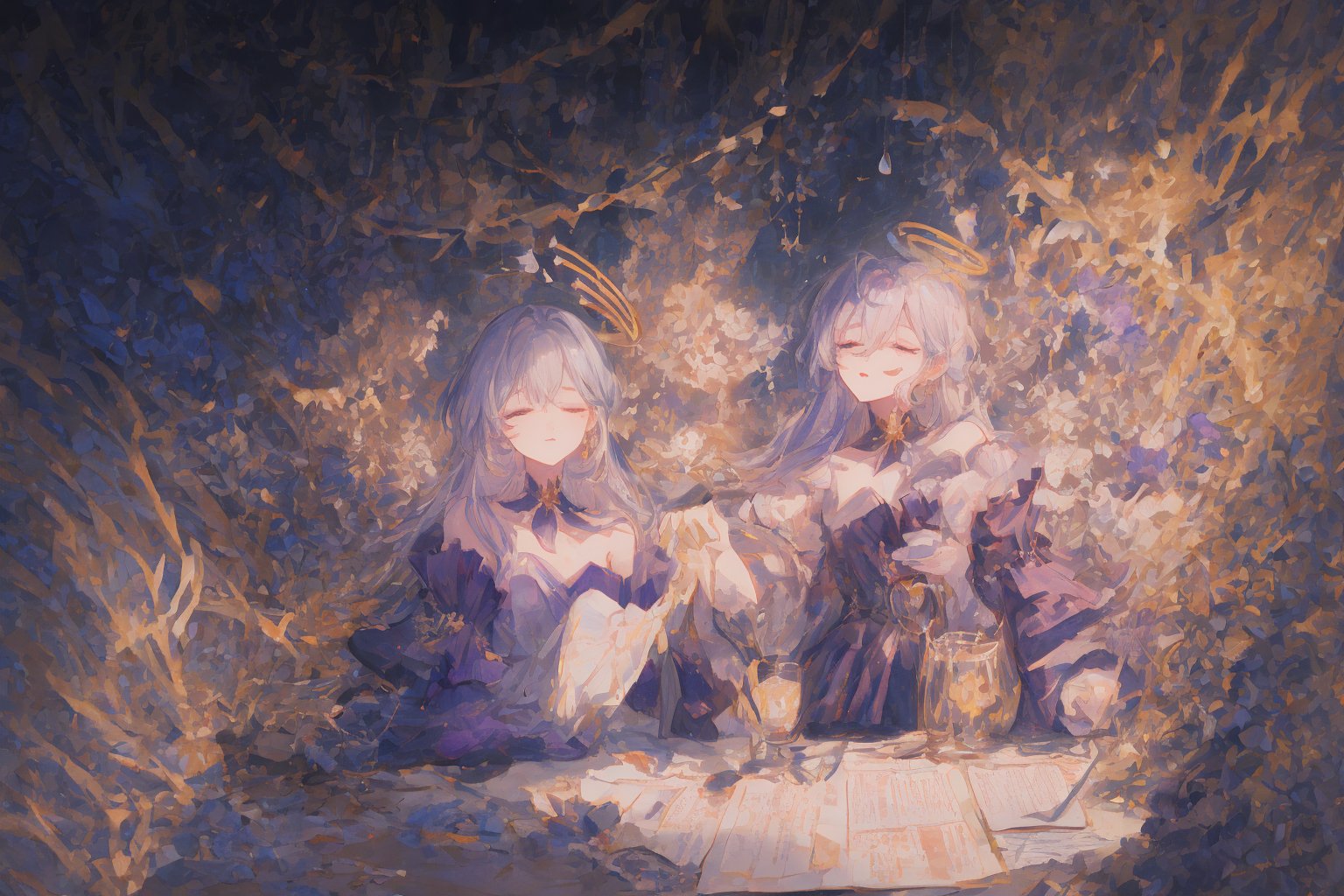 Official Art, Unity 8K Wallpaper, Extreme Detailed, Beautiful and Aesthetic, Masterpiece, Top Quality, perfect anatomy, 

1girl, solo, long hair, bangs, hair ornament, dress, jewelry, closed eyes, upper body, purple hair, flower, earrings, parted lips, hair flower, head tilt, book, eyelashes, makeup, halo, white flower, crescent, facing viewer, book stack, hyacinth, star_(sky), 

a beautifully drawn (((ink illustration))) depicting, vintage, RED and INDIGO accents, watercolor painting, concept art, (best illustration), (best shadow), Analog Color Theme, vivid colours, contrast, smooth, sharp focus, scenery, 

(Pencil_Sketch:1.2,masterpiece, midjourney, best quality, incredibly absurdres, messy lines,high detail eyes,More Detail,perfect light,portrait, ,robin