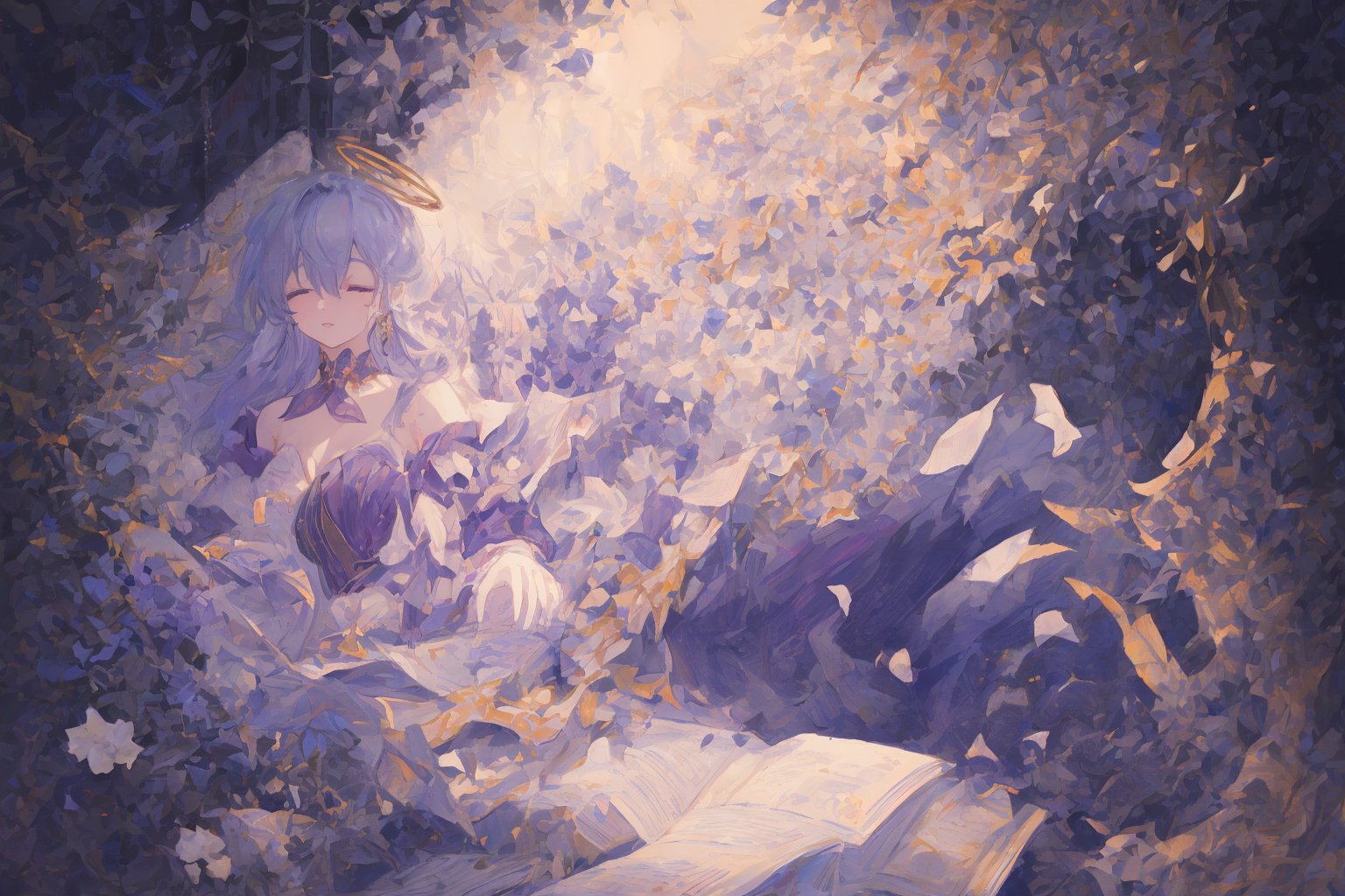 Official Art, Unity 8K Wallpaper, Extreme Detailed, Beautiful and Aesthetic, Masterpiece, Top Quality, perfect anatomy, 

1girl, solo, long hair, bangs, hair ornament, dress, jewelry, closed eyes, upper body, purple hair, flower, earrings, parted lips, hair flower, head tilt, book, eyelashes, makeup, halo, white flower, crescent, facing viewer, book stack, hyacinth, star_(sky), 

a beautifully drawn (((ink illustration))) depicting, vintage, RED and INDIGO accents, watercolor painting, concept art, (best illustration), (best shadow), Analog Color Theme, vivid colours, contrast, smooth, sharp focus, scenery, 

(Pencil_Sketch:1.2,masterpiece, midjourney, best quality, incredibly absurdres, messy lines,high detail eyes,More Detail,perfect light,portrait, ,robin