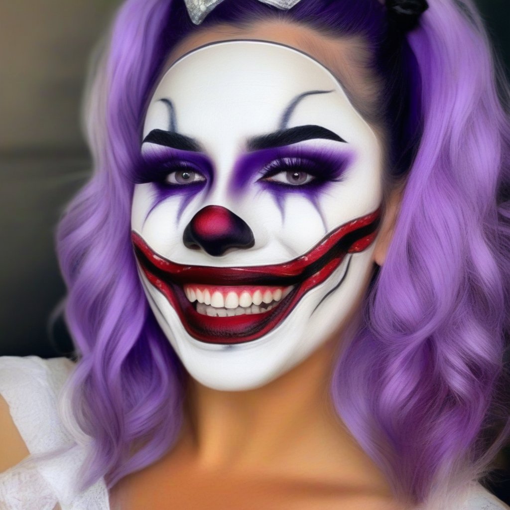 A photorealistic portrait of a young girl, 1girl, solo, white face, purple hair, halloween face art, red lips, large teeth, dengerious smile on face, makeup, dark background, realestic, ultra detailed, ultra realistic, 8k quality