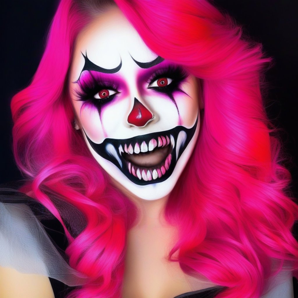 A photorealistic portrait of a young girl, 1girl, solo, red and pink hair, halloween face art, red lips, large teeth, dengerious smile on face, makeup, dark ghostly background, realestic, ultra detailed, ultra realistic, 8k quality